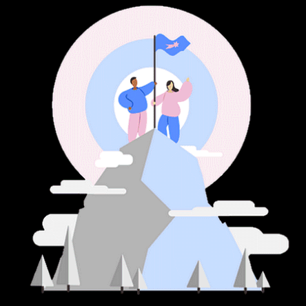 Dessin simple d’un homme et d’une femme au sommet d’une montagne.