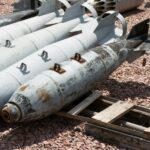 Various large bombs and rockets. Weapons of mass destruction. Bomb, rocket, projectile