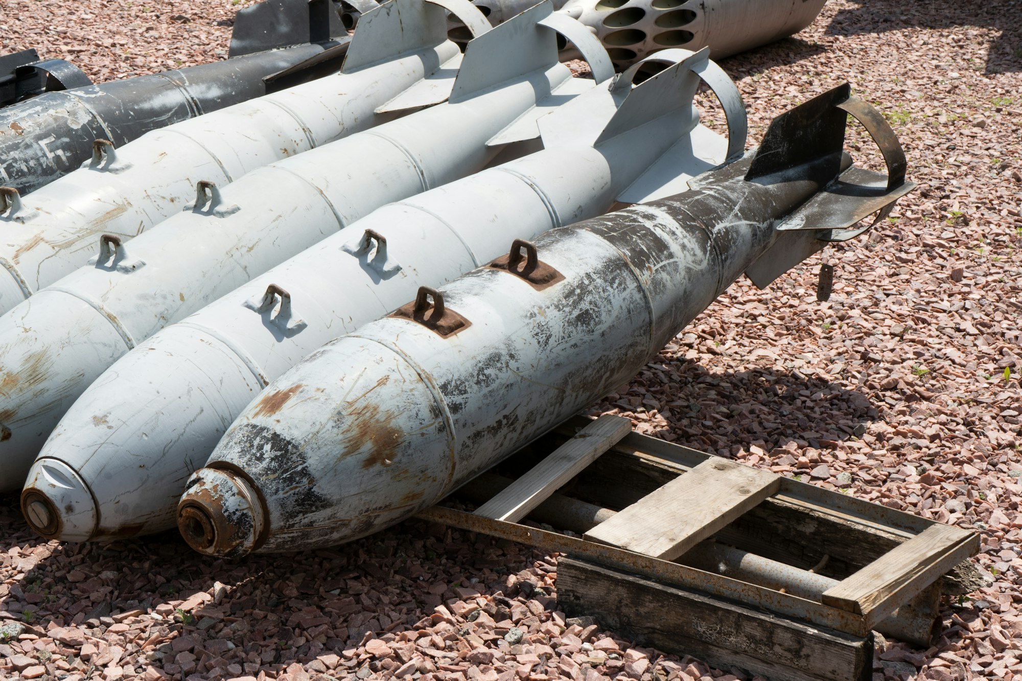 Various large bombs and rockets. Weapons of mass destruction. Bomb, rocket, projectile