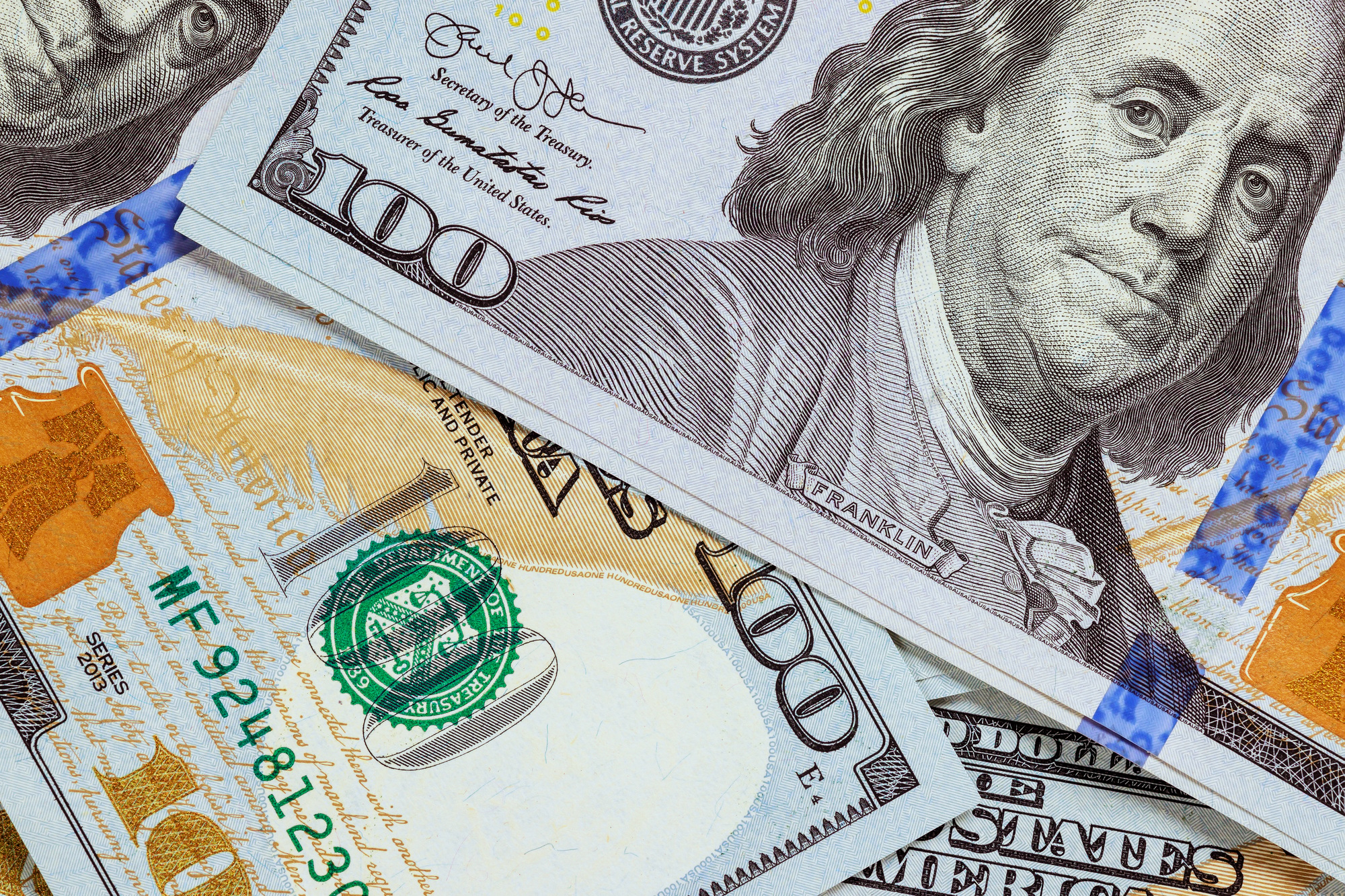 Close up of front side one hundred paper dollars bill United States of America Banknotes