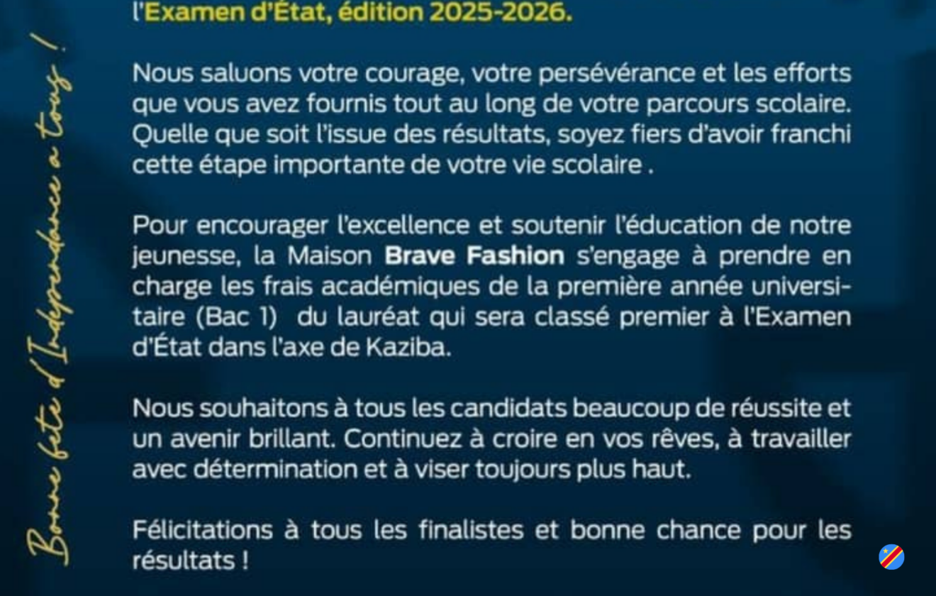 Les Ets Brave Fashion adresse ses Vœux de réussite à tous les finalistes
