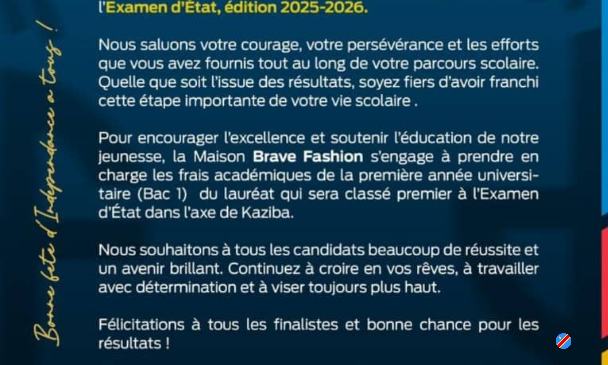 Les Ets Brave Fashion adresse ses Vœux de réussite à tous les finalistes