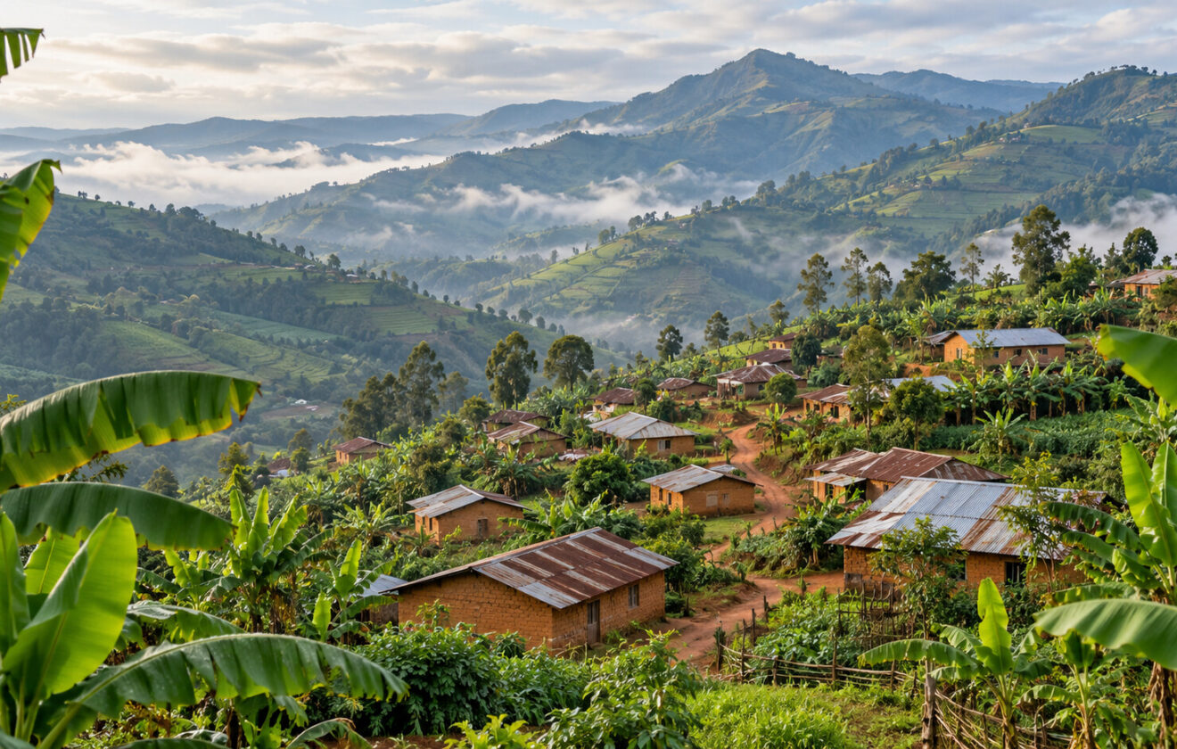 Illustration générée par IA d’un village de montagne inspiré de Kaziba, avec des habitations, des bananiers et des collines verdoyantes.