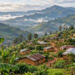 Illustration générée par IA d’un village de montagne inspiré de Kaziba, avec des habitations, des bananiers et des collines verdoyantes.