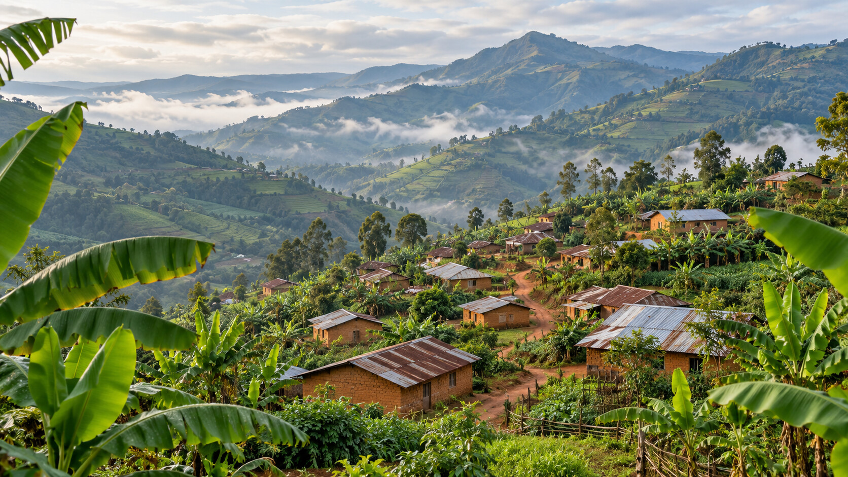 Illustration générée par IA d’un village de montagne inspiré de Kaziba, avec des habitations, des bananiers et des collines verdoyantes.