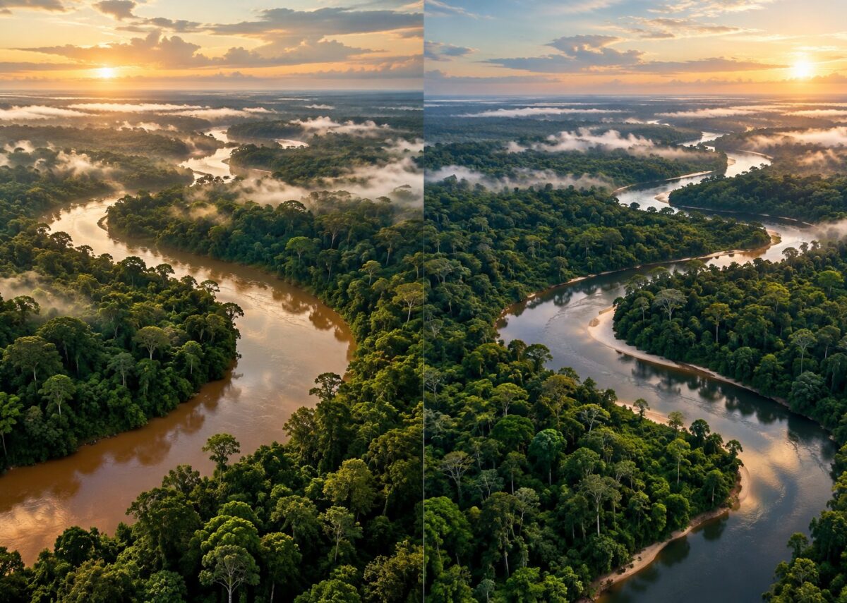 Illustration générée par IA : Illustration comparative de deux vastes forêts tropicales traversées par des rivières, évoquant le bassin du Congo et l’Amazonie.