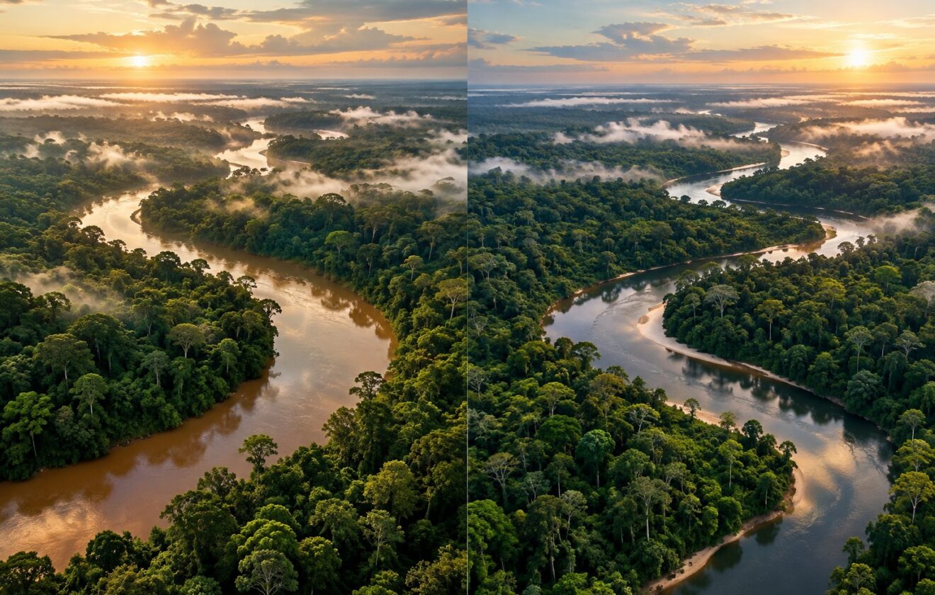Illustration générée par IA : Illustration comparative de deux vastes forêts tropicales traversées par des rivières, évoquant le bassin du Congo et l’Amazonie.