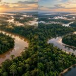 Illustration générée par IA : Illustration comparative de deux vastes forêts tropicales traversées par des rivières, évoquant le bassin du Congo et l’Amazonie.