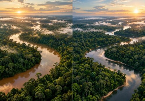 Illustration générée par IA : Illustration comparative de deux vastes forêts tropicales traversées par des rivières, évoquant le bassin du Congo et l’Amazonie.