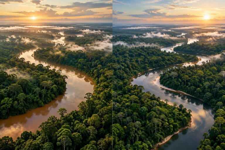 Illustration générée par IA : Illustration comparative de deux vastes forêts tropicales traversées par des rivières, évoquant le bassin du Congo et l’Amazonie.
