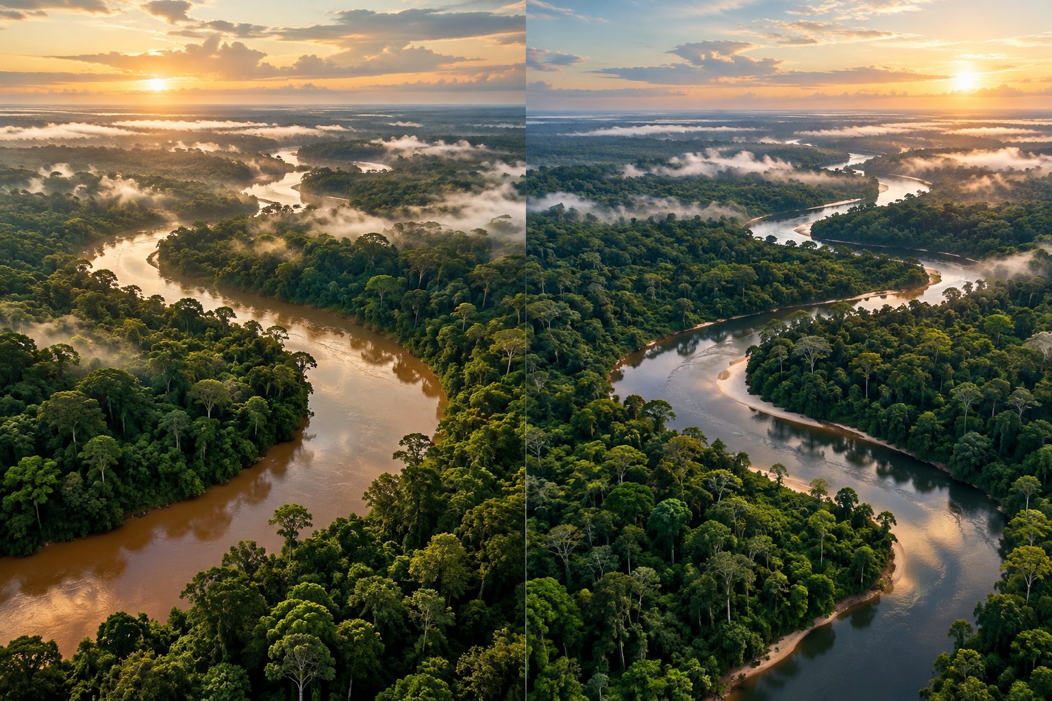 Illustration générée par IA : Illustration comparative de deux vastes forêts tropicales traversées par des rivières, évoquant le bassin du Congo et l’Amazonie.