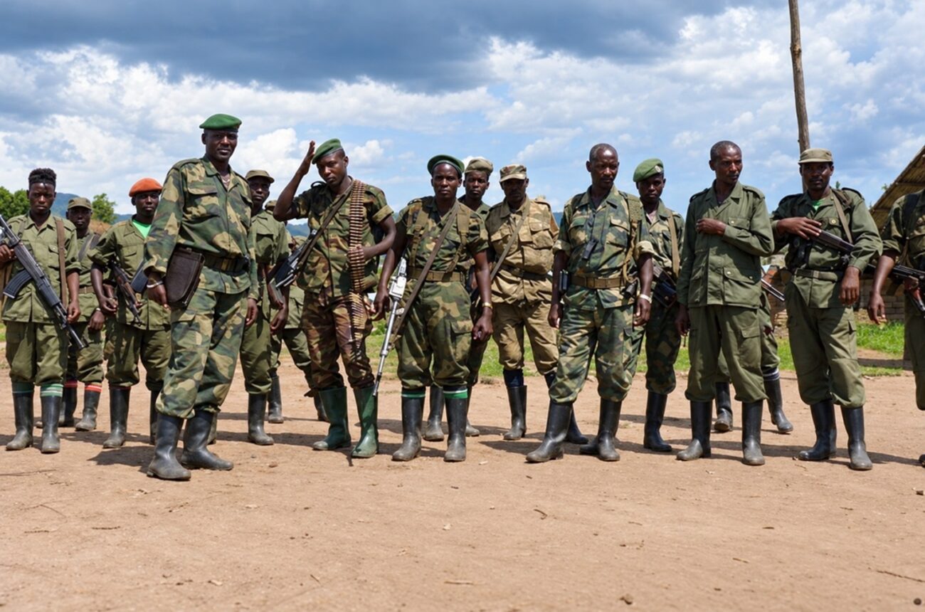 Groupe d’hommes en tenue militaire, photographie fournie à la rédaction et retouchée avec l’aide de l’IA.