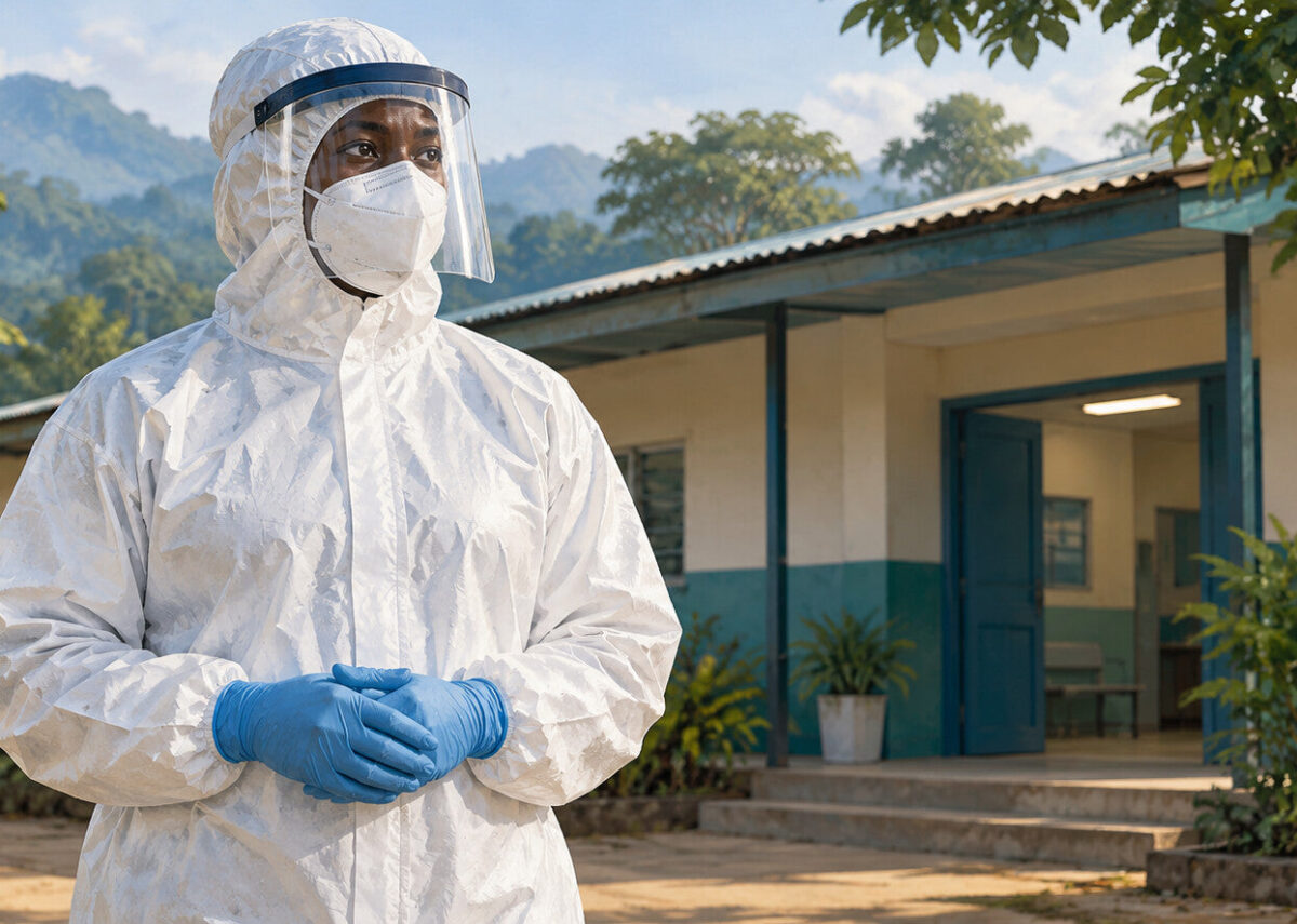 Illustration générée par IA d’un membre du personnel de santé en équipement de protection devant un centre de soins, évoquant la riposte à Ebola en RDC.