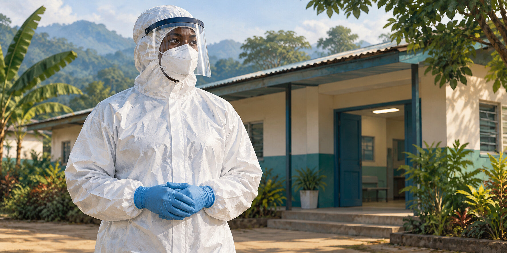 Illustration générée par IA d’un membre du personnel de santé en équipement de protection devant un centre de soins, évoquant la riposte à Ebola en RDC.