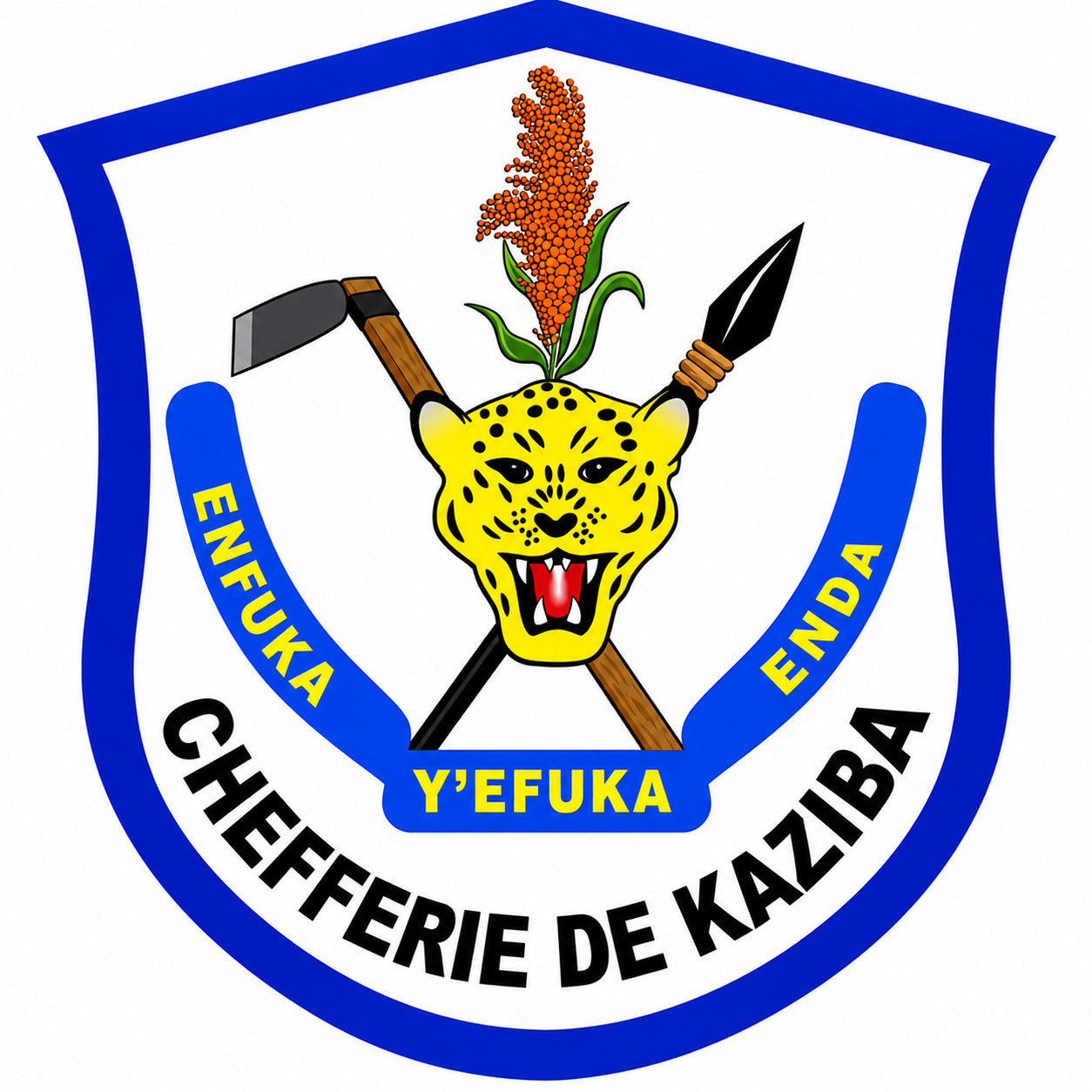 Emblème de la chefferie de Kaziba, avec une tête de léopard, des outils traditionnels et un épi, amélioré par IA.