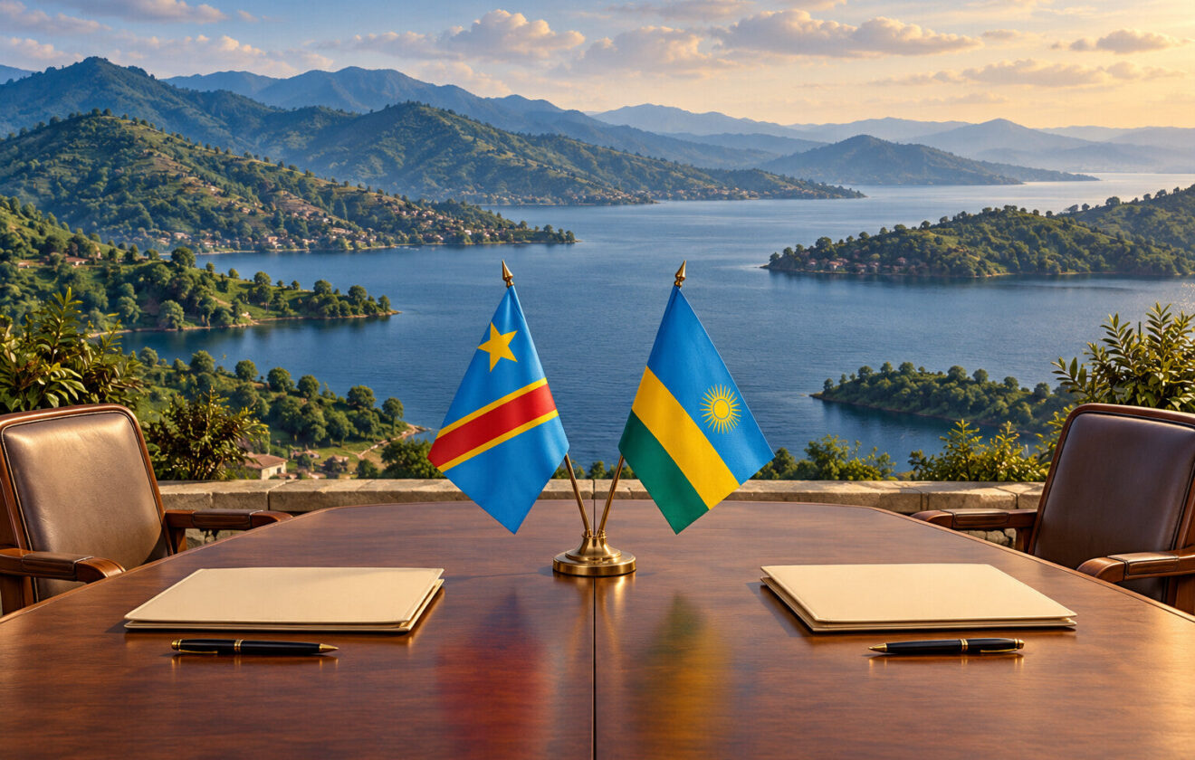 Illustration générée par IA d’une table de négociation avec les drapeaux de la RDC et du Rwanda, devant un paysage inspiré du lac Kivu.