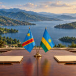 Illustration générée par IA d’une table de négociation avec les drapeaux de la RDC et du Rwanda, devant un paysage inspiré du lac Kivu.