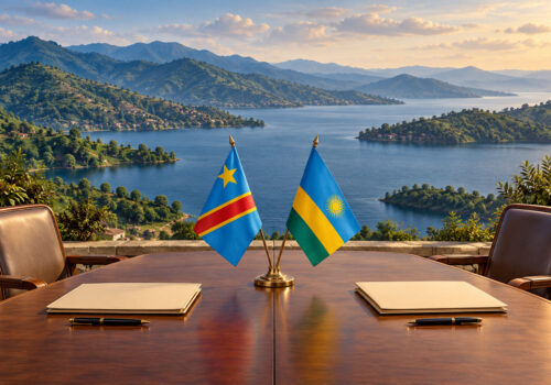 Illustration générée par IA d’une table de négociation avec les drapeaux de la RDC et du Rwanda, devant un paysage inspiré du lac Kivu.