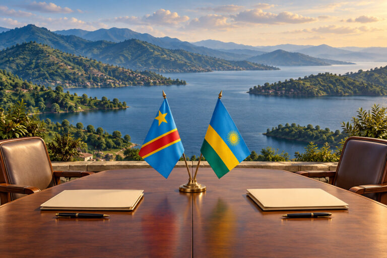 Illustration générée par IA d’une table de négociation avec les drapeaux de la RDC et du Rwanda, devant un paysage inspiré du lac Kivu.