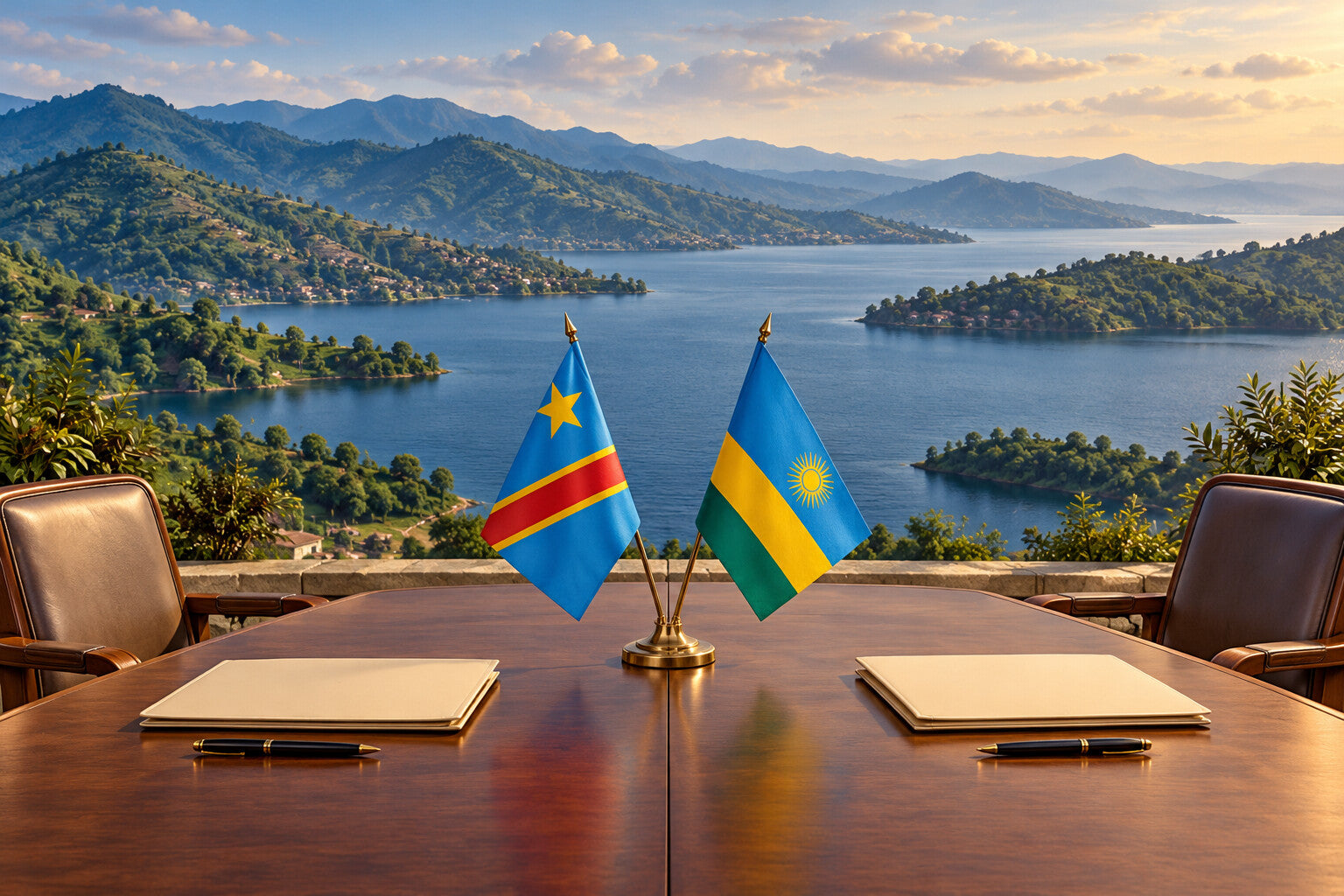 Illustration générée par IA d’une table de négociation avec les drapeaux de la RDC et du Rwanda, devant un paysage inspiré du lac Kivu.