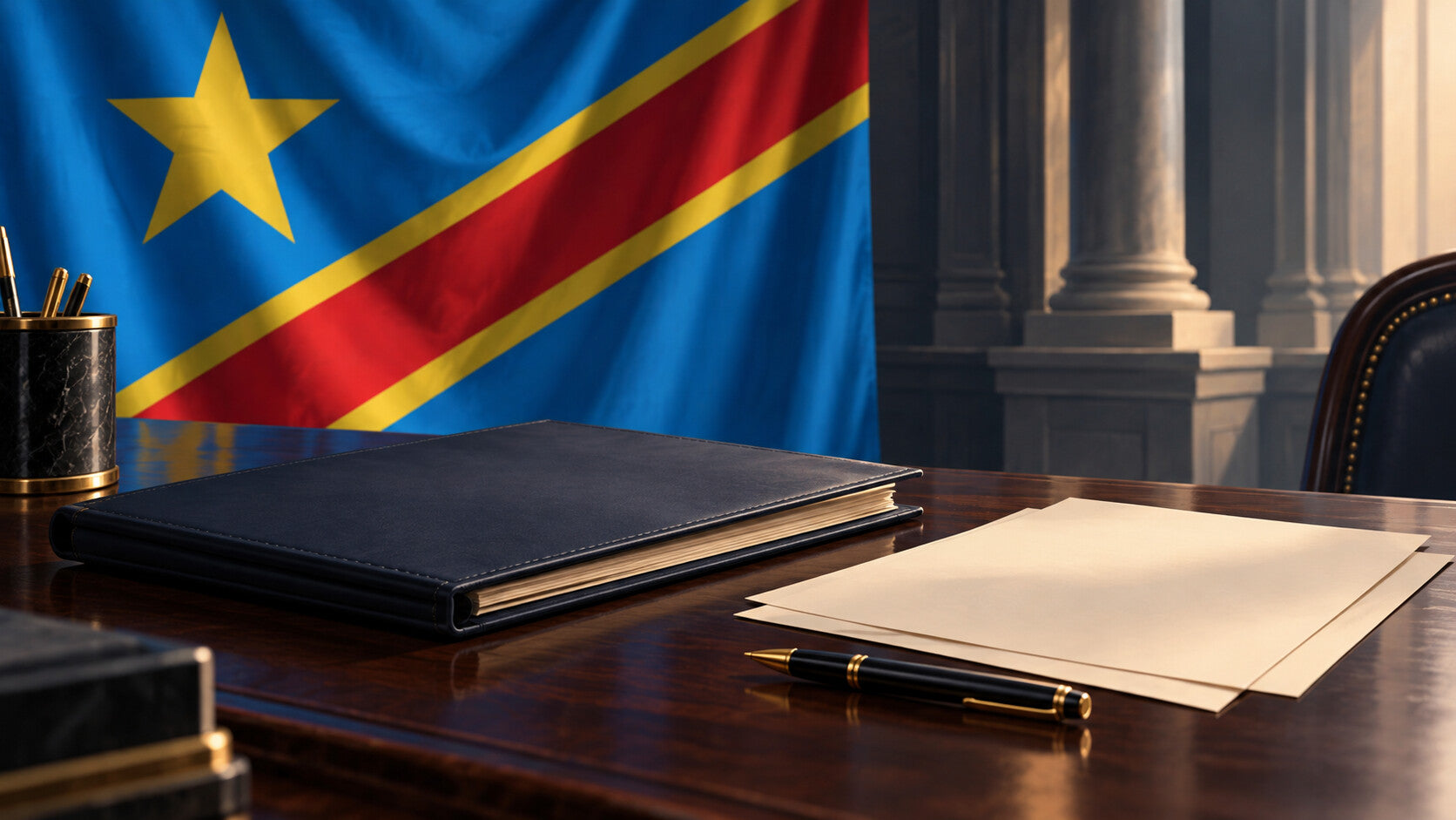 Illustration générée par IA d’un dossier administratif et d’un stylo sur un bureau, devant le drapeau de la RDC.