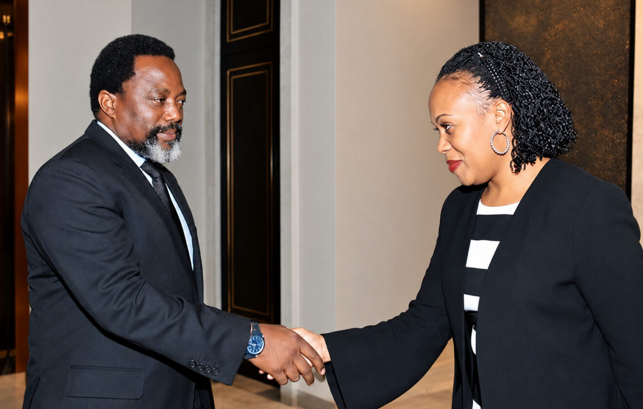 Marie-Ange Mushobekwa et Joseph Kabila se serrant la main sur une photographie fournie à la rédaction, retouchée par IA.