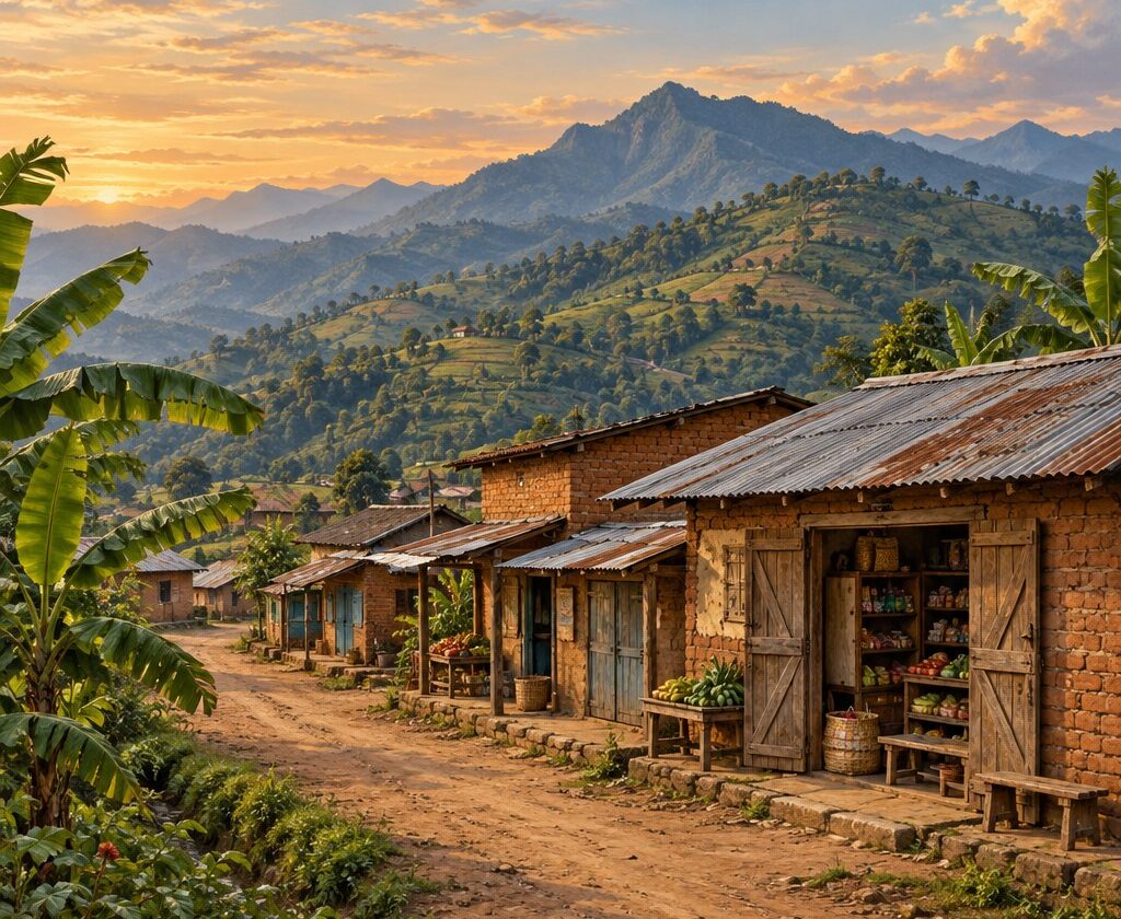 Illustration générée par IA : centre commercial rural inspiré de Kaziba, boutiques et montagnes.