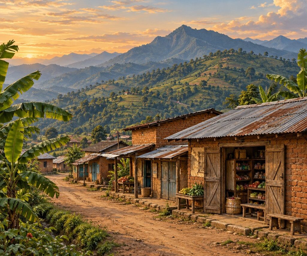 Illustration générée par IA : centre commercial rural inspiré de Kaziba, boutiques et montagnes.