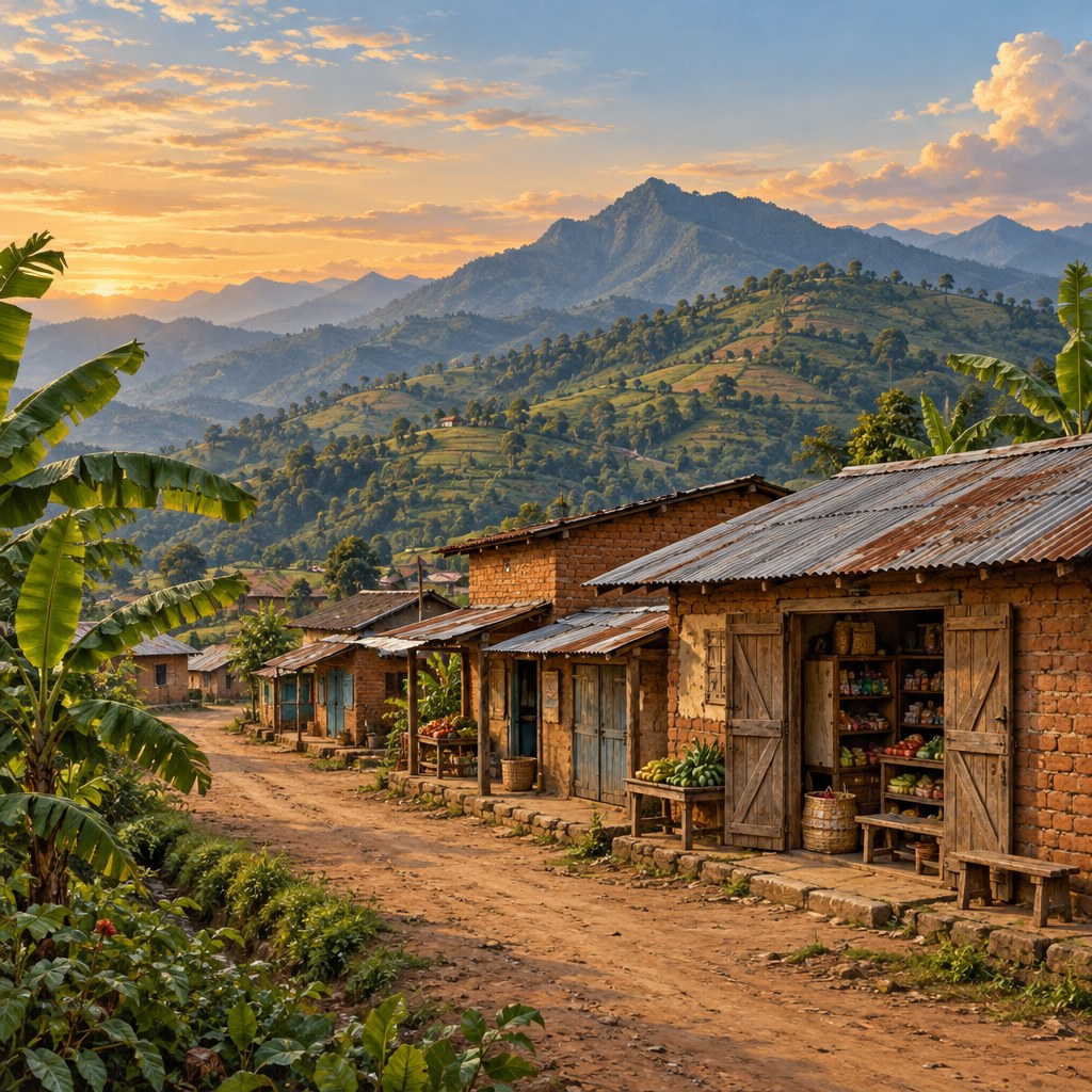 Illustration générée par IA : centre commercial rural inspiré de Kaziba, boutiques et montagnes.