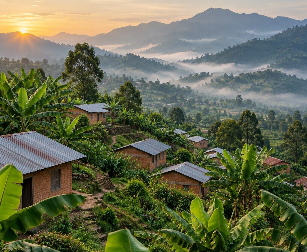 Illustration générée par IA d’un village de montagne inspiré des paysages de Kaziba, avec des maisons et des bananiers dans la lumière du matin.