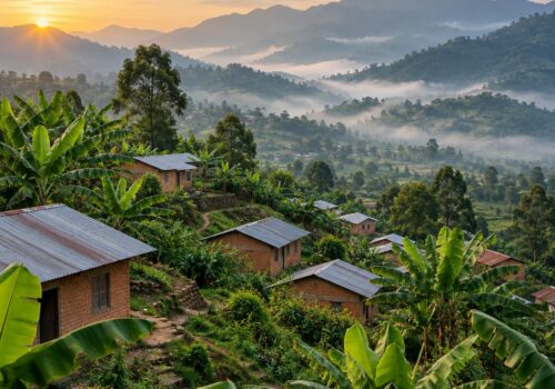 Illustration générée par IA d’un village de montagne inspiré des paysages de Kaziba, avec des maisons et des bananiers dans la lumière du matin.