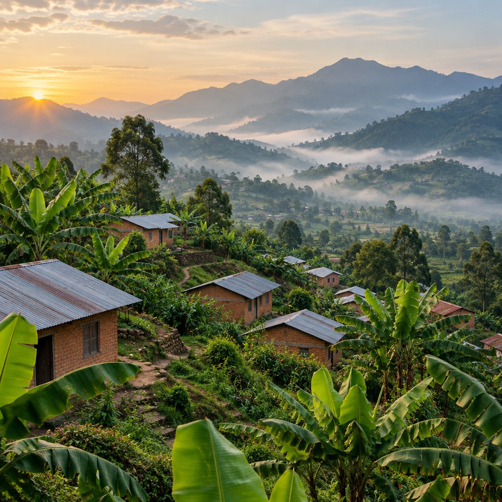 Illustration générée par IA d’un village de montagne inspiré des paysages de Kaziba, avec des maisons et des bananiers dans la lumière du matin.