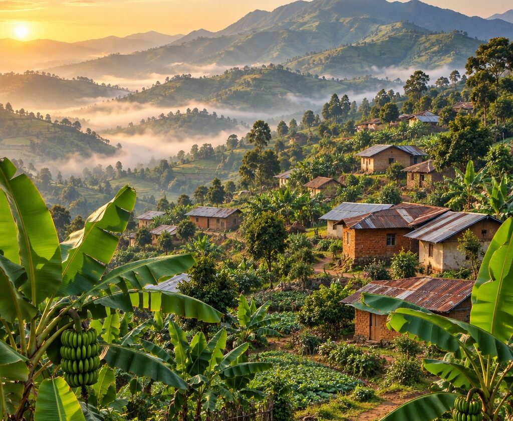 Illustration générée par IA : village inspiré de Kaziba, montagnes verdoyantes et bananiers.