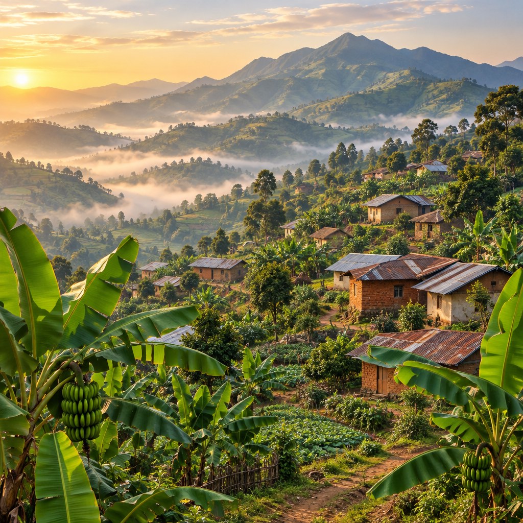 Illustration générée par IA : village inspiré de Kaziba, montagnes verdoyantes et bananiers.